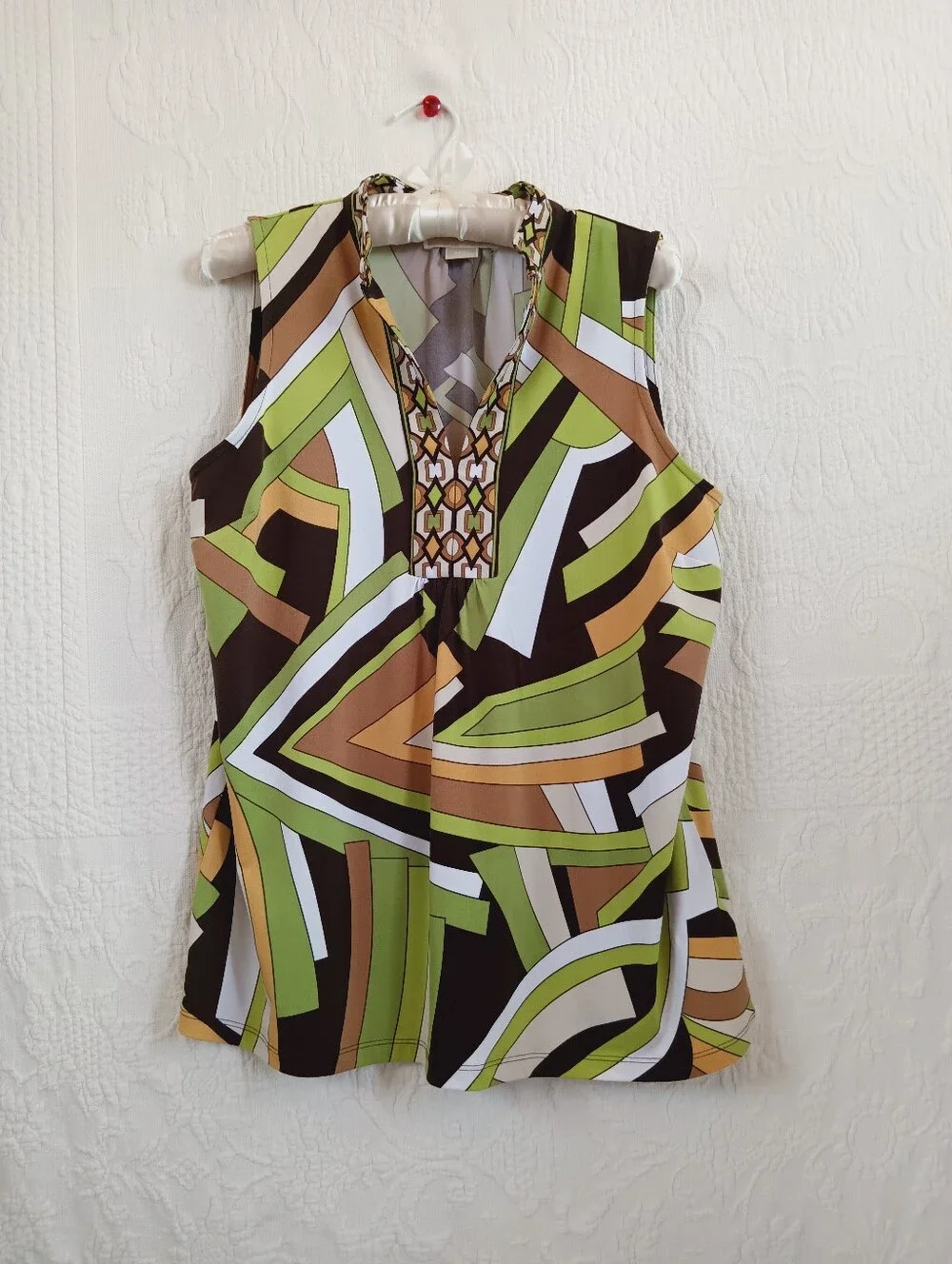 Michael Kors Sleeveless Geo Tunic Top Green Brown Fun Colorful Boho Maximalism